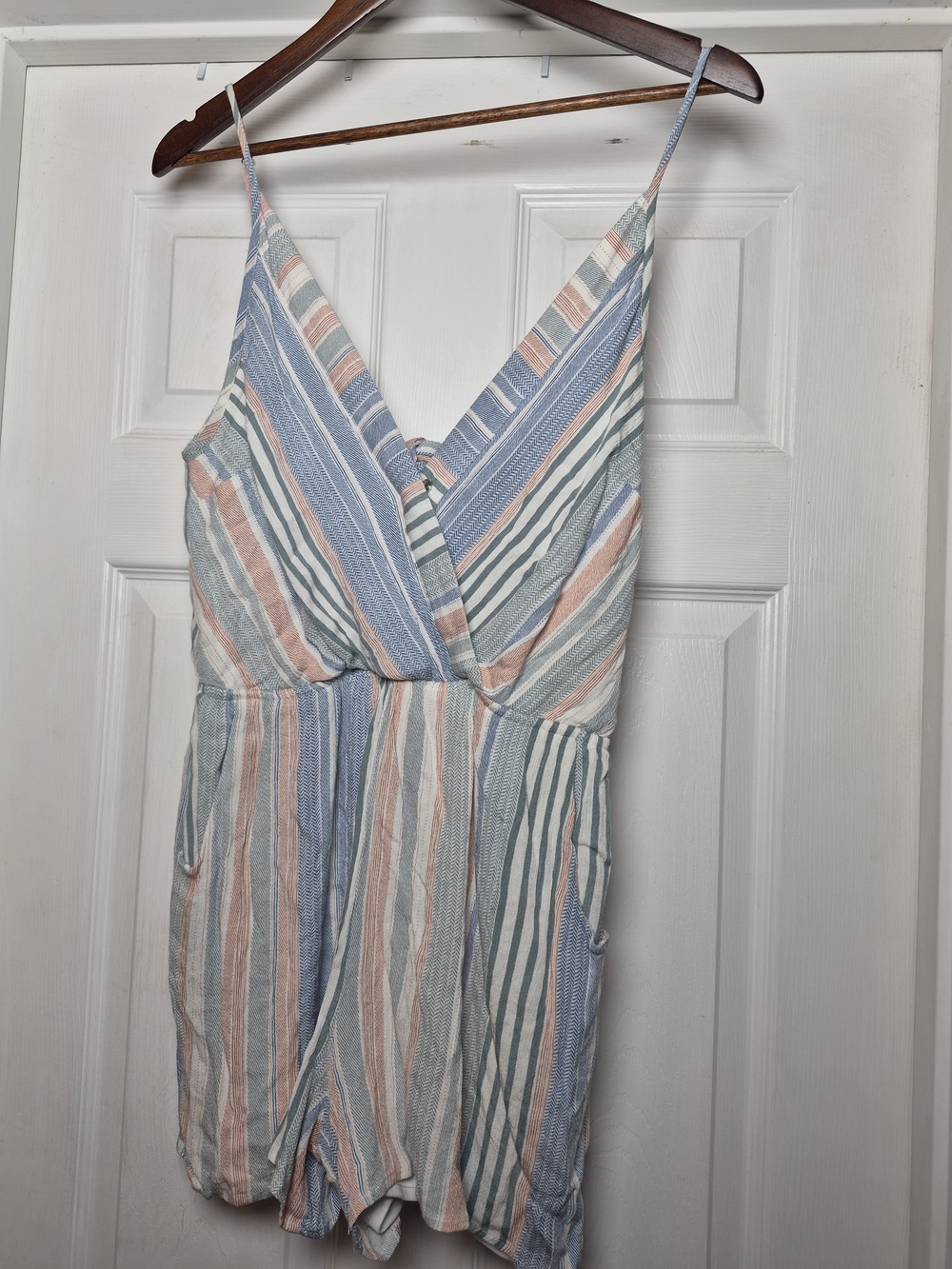 HYFVE Pastel Striped V-Neck One Piece Romper in Blue, Pink, Green, White Large